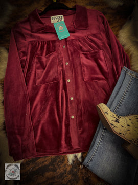 Velvet Blazer Button Up - Burgundy