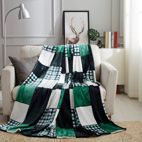 Tache Christmas Forest Green Plaid Patchwork Checkered Flannel Fleece Throw Blanket