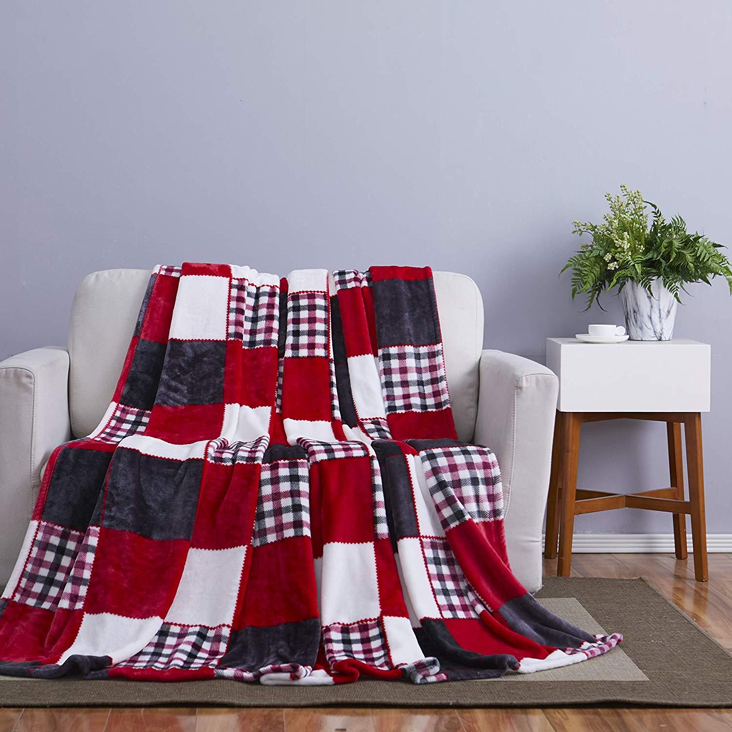 Fleece patchwork lap blanket kit (48x48) snowman pattern includes red  squares with white snowflakes alternated with gray squares with white  snowmen