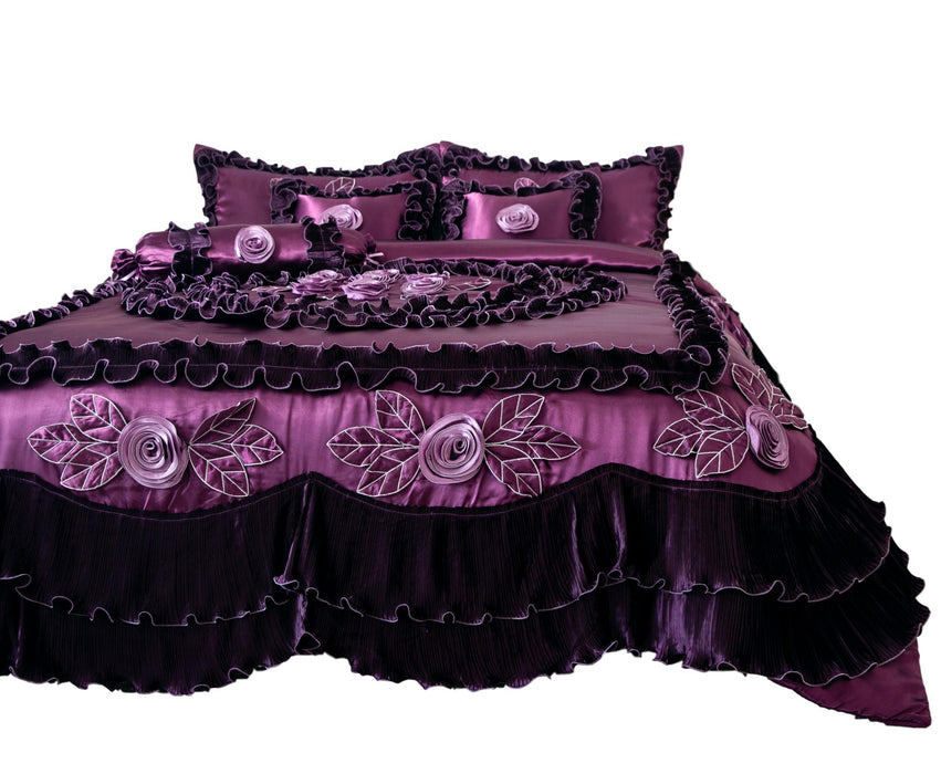 Tache Sateen Satin Ruffle Dark Purple Midnight Bloom Comforter Set