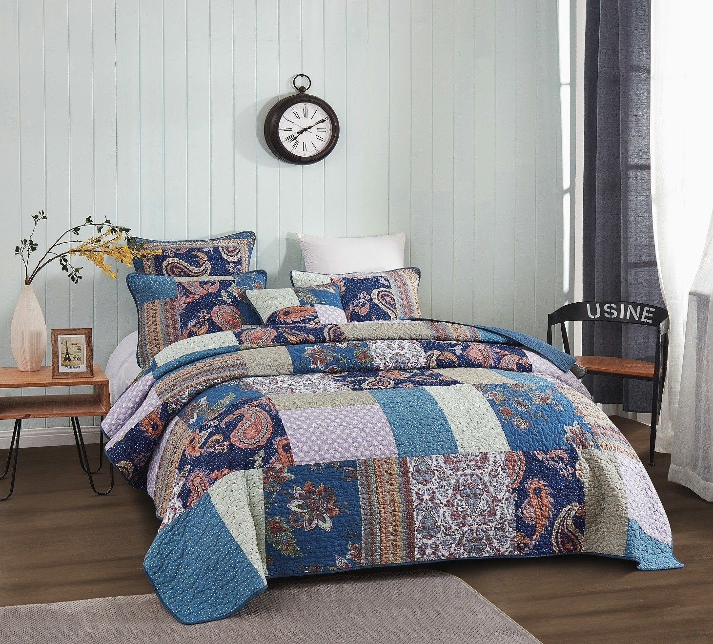 LEONIDAS - Printed cotton quilt set - Boho patchwork. Colour: blue