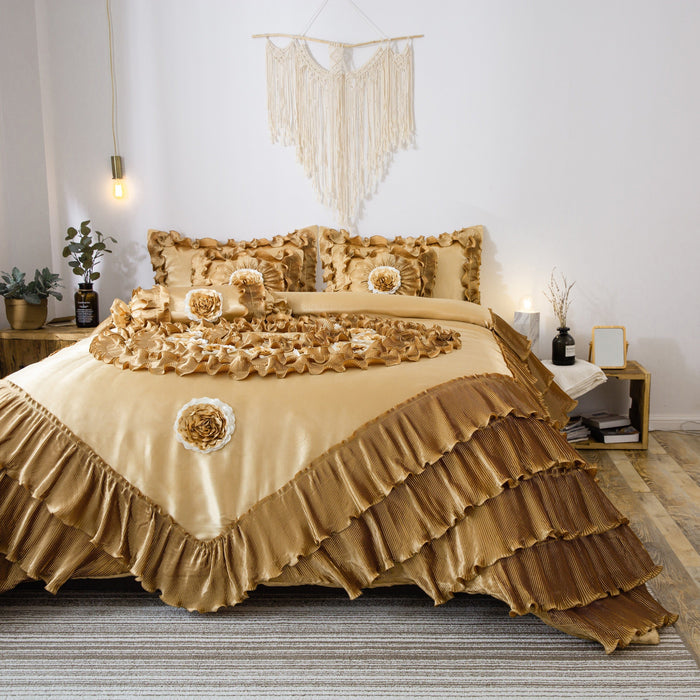 Tache 6 Piece Golden Caramel Latte Faux Satin Comforter Quilt Set (BM4578) - Tache Home Fashion