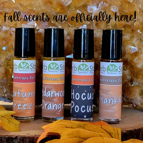 Herb Stop Autumn Aromatherapy Roll-on with Crystal in the background