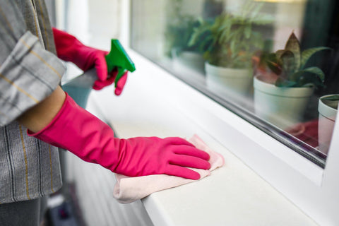 Cleaning with rubber gloves and spray bottle