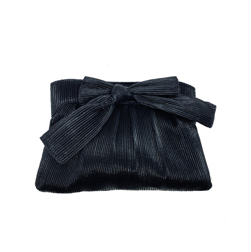 Pleated Bow Clutch - Black Satin