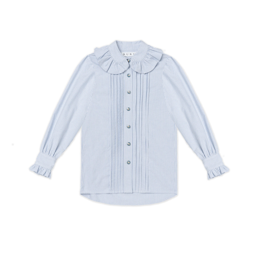 Ruffle Collar Blouse - Blue & White Oxford Stripe