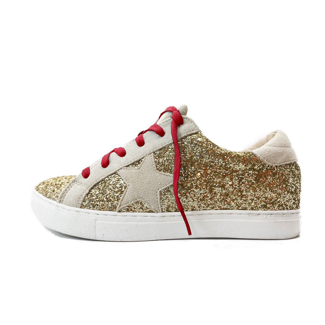 Star Gaze Glitter Sneakers - Gold with Crimson Laces