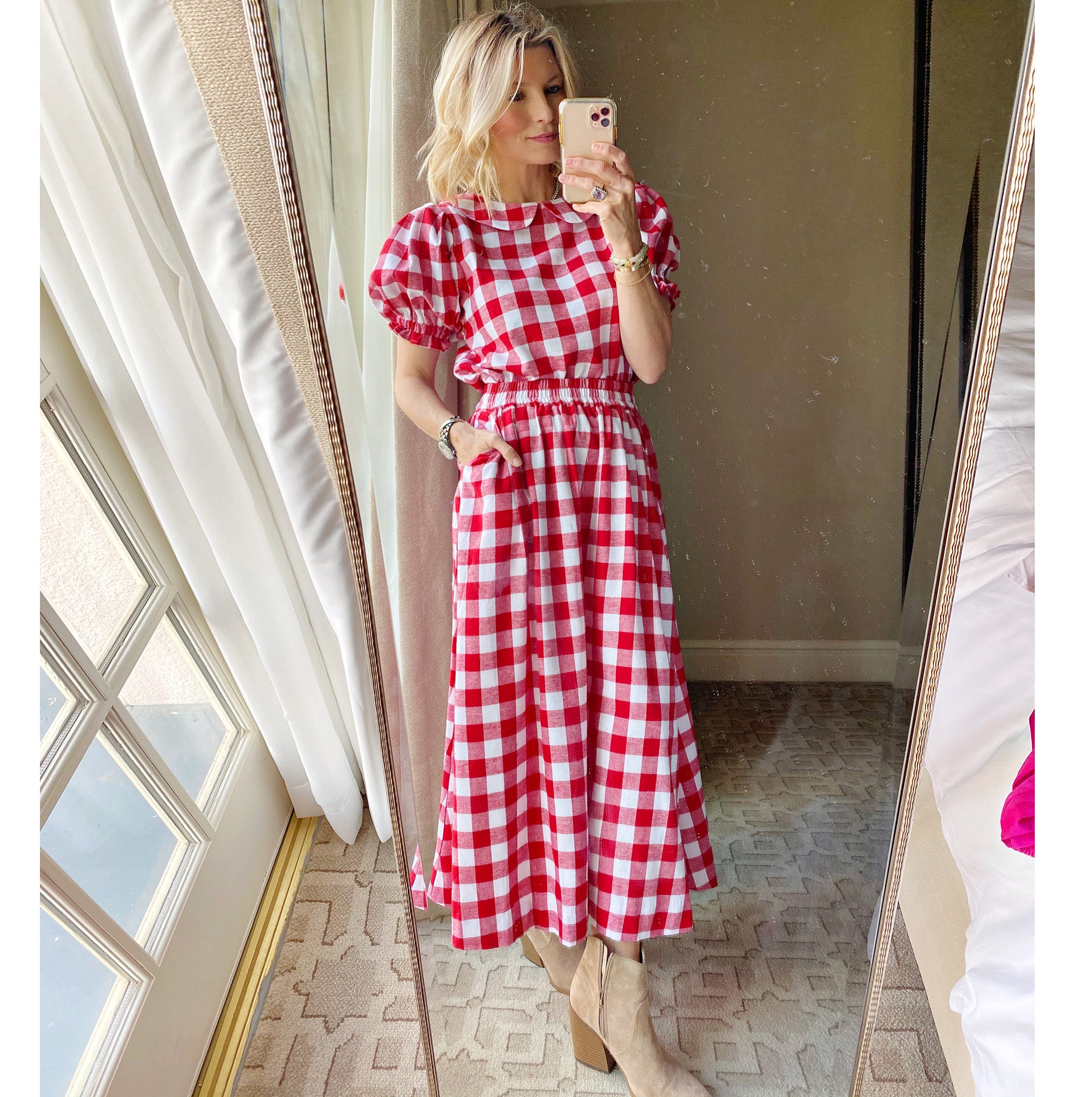 Everyday Skirt Tea Length - Red & White Gingham