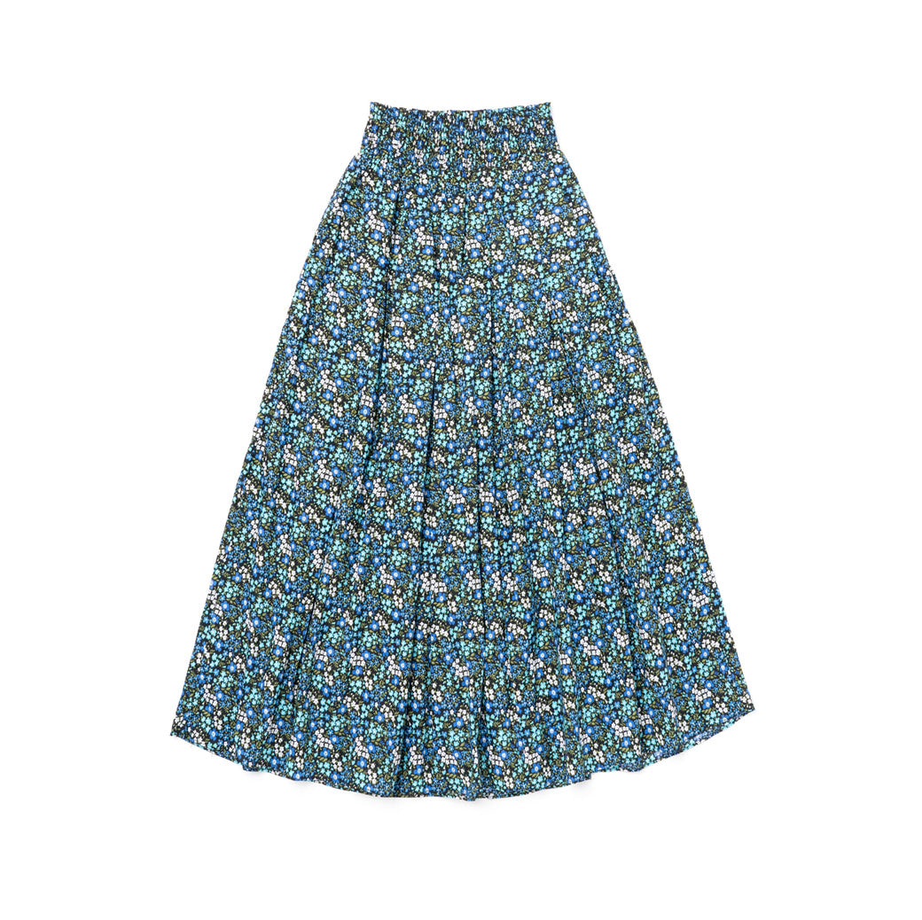 Smocked Waist MIDI Skirt - Black Micro Floral