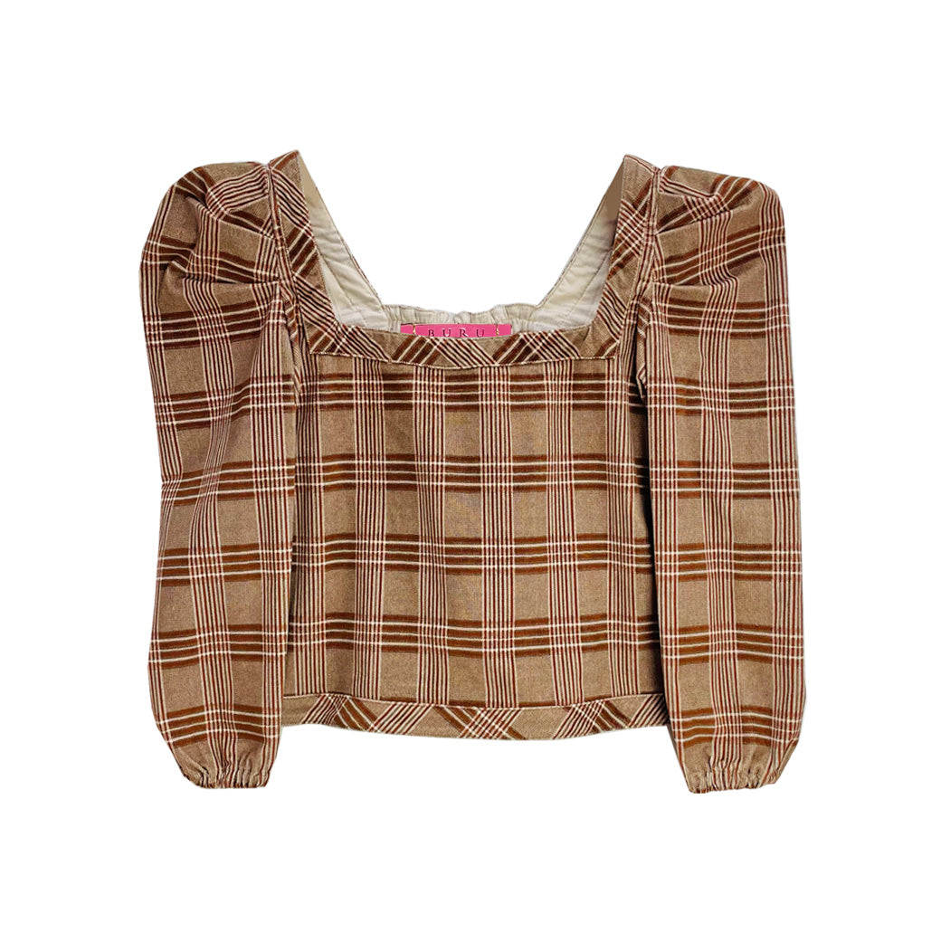 Square Neck Long Sleeve Top - Tan Plaid Corduroy - PRE-SALE