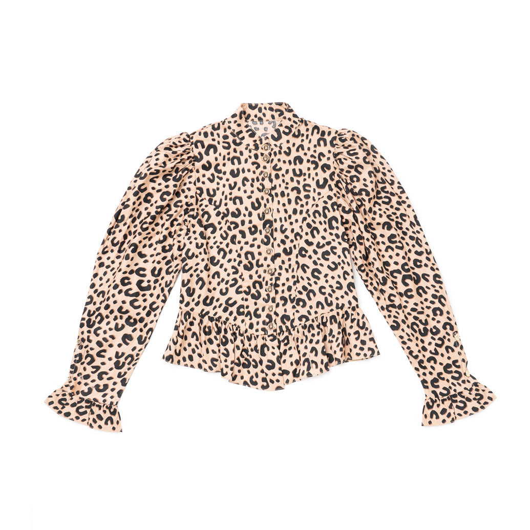 Peplum Puff Sleeve Button Down - Tan Cheetah