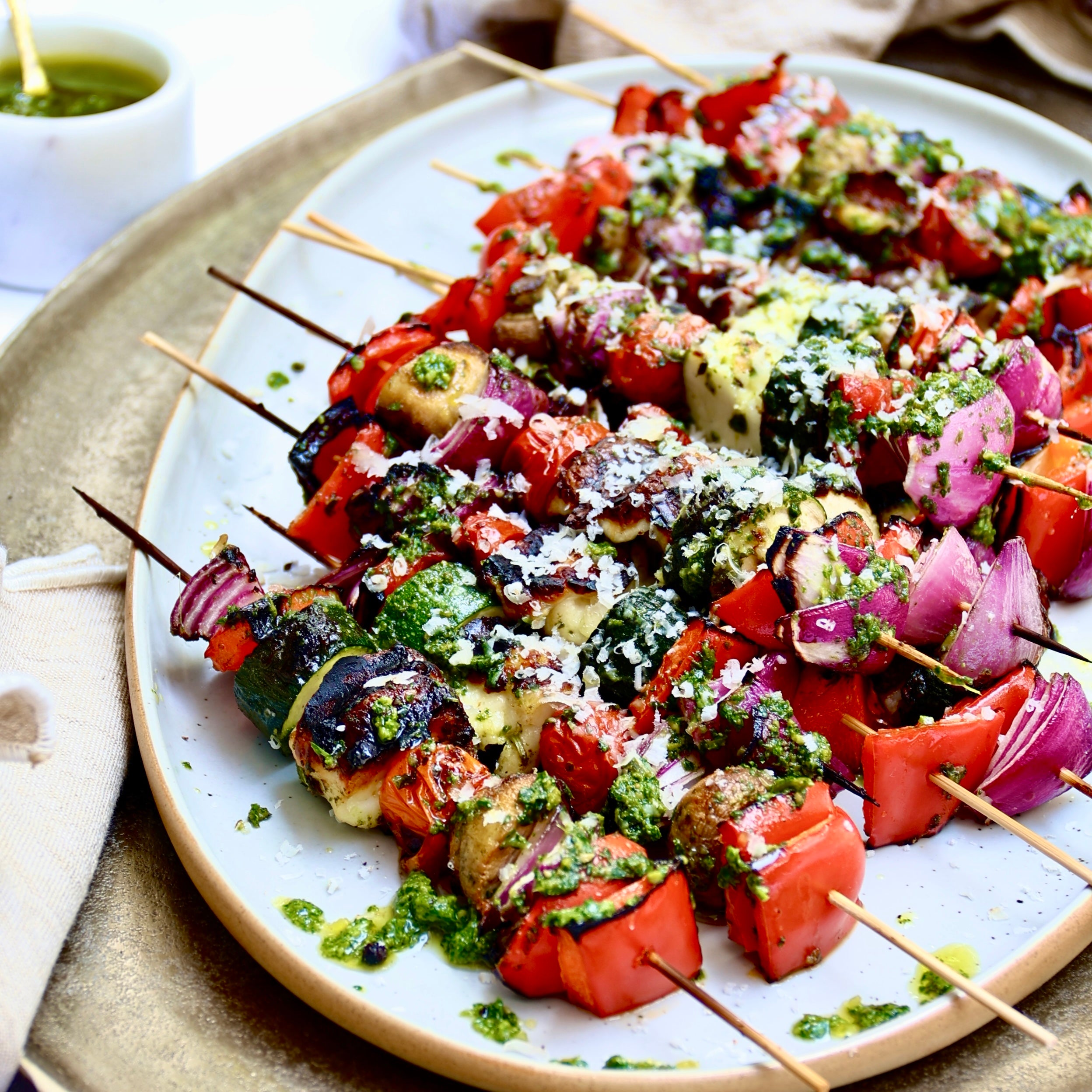 Grilled Vegetable Skewers With Pesto And Pecorino