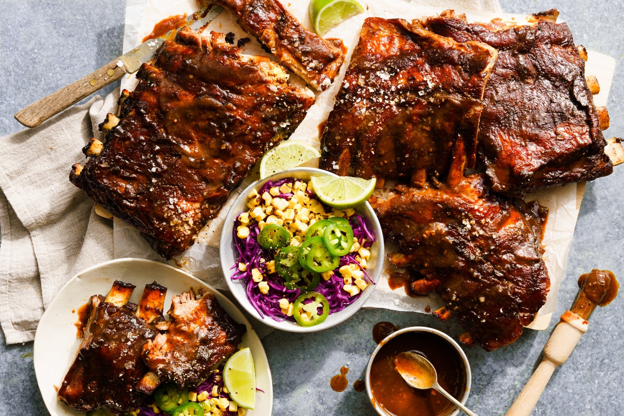 sticky pork ribs with cabbage and corn salsa