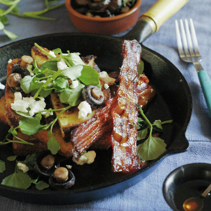 Burnt Butter French Toast with Maple Thyme Bacon, Mushrooms, Watercress and Goats Cherve