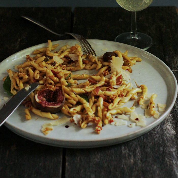 Fig Pasta with Pine Nut and Pancetta Crumb