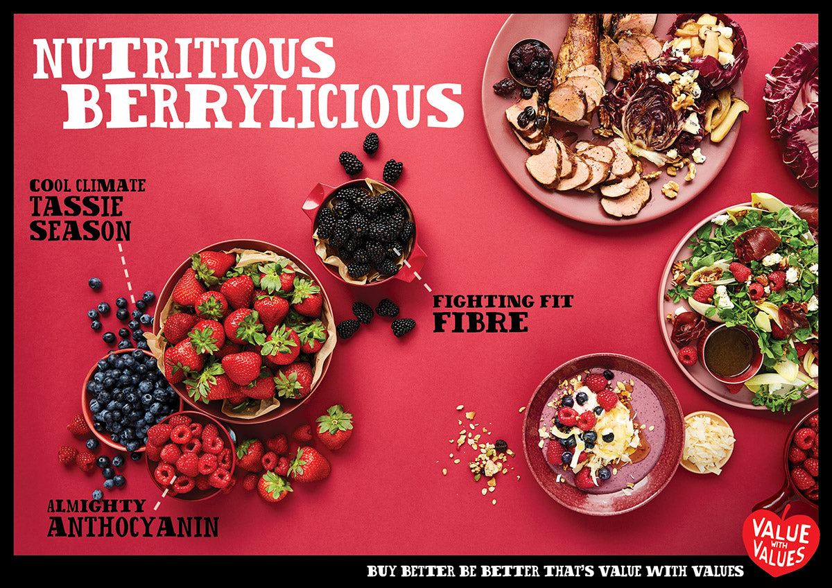 An image showing berries and berry recipes with the headline Nutritious Berrylicious