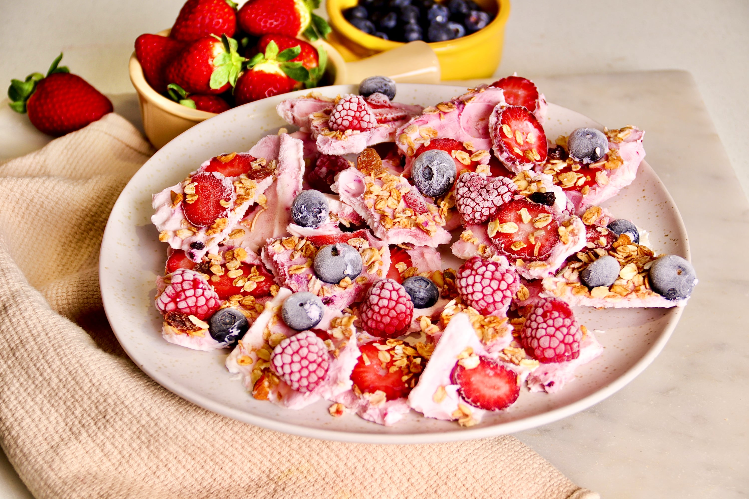 Frozen yoghurt and mixed berry bark.