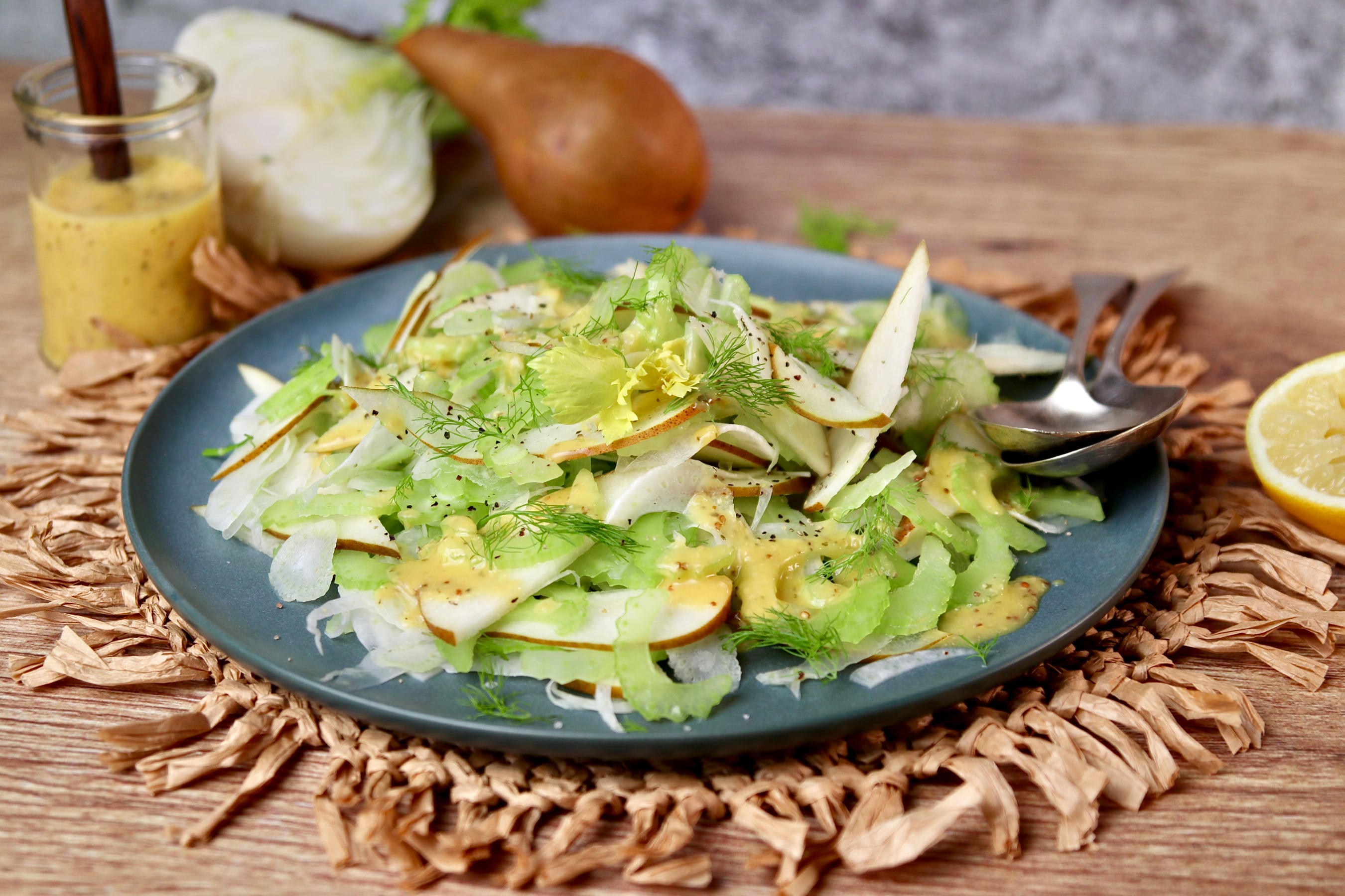 Plate of celery, pear and fennel salad.