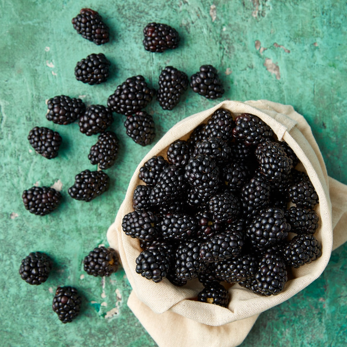 A sack of blackberries on a green wood background