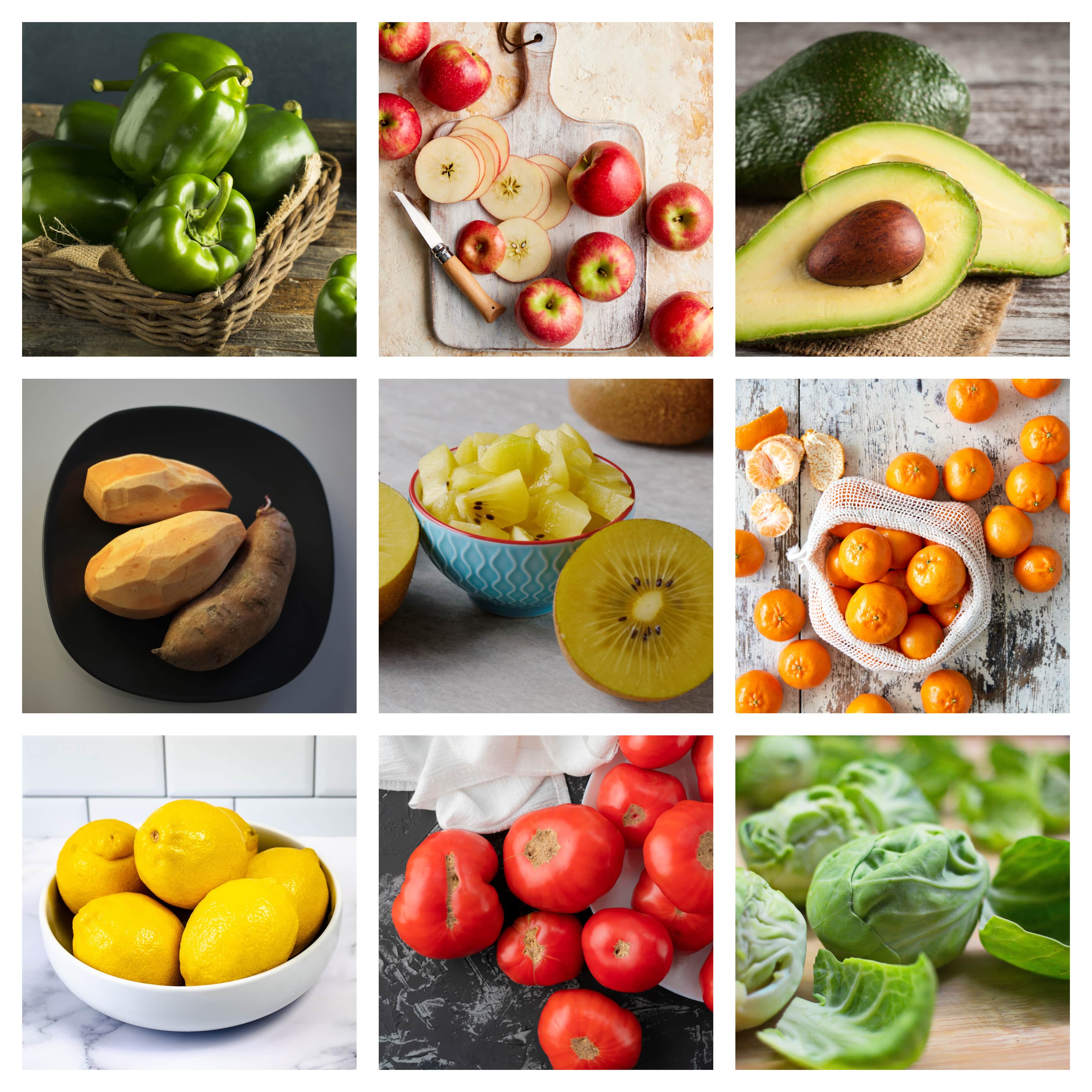 A collage of various fruit and veg including green peppers, pink lady apples, gmax avocados, imperfect kumera, gold kiwifruit, imperial mandarins, lemons, imperfect tomatoes and brussels sprouts.