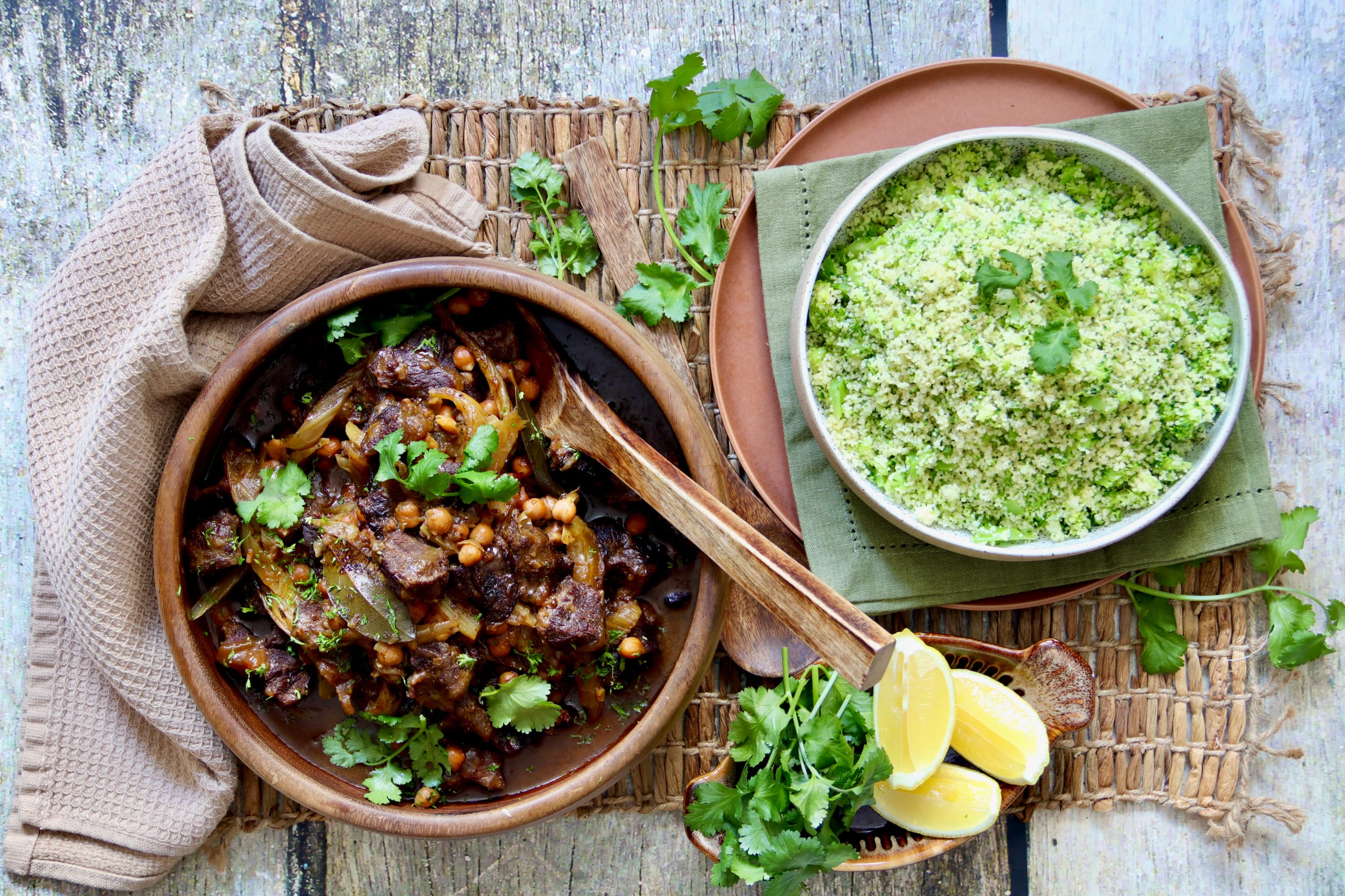 Middle Eastern slow cooked beef cheeks with broccoli and lemon couscous.