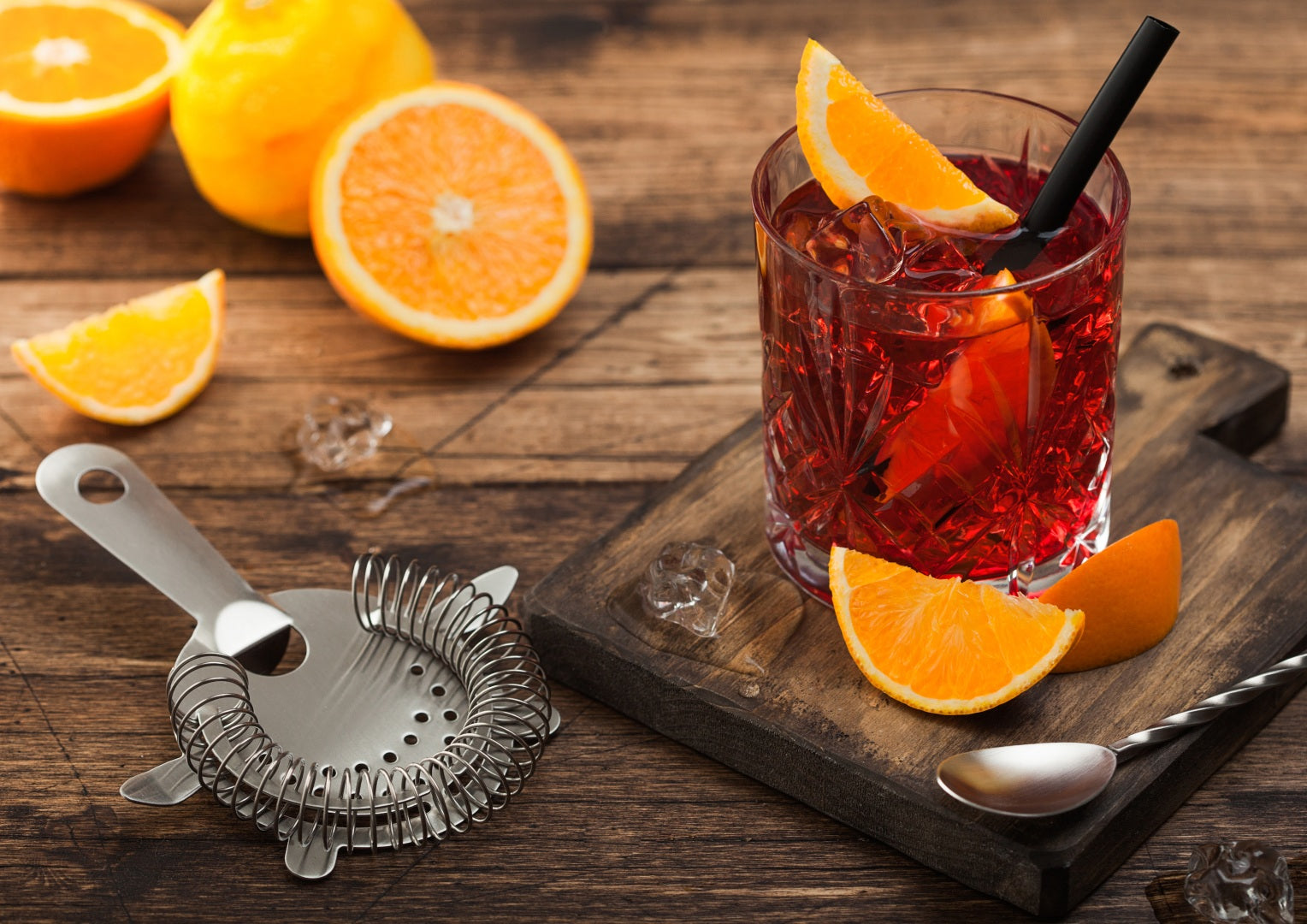 A negroni in a cut glass tumbler on a chopping board surrounded by oranges, a strainer and a stirrer