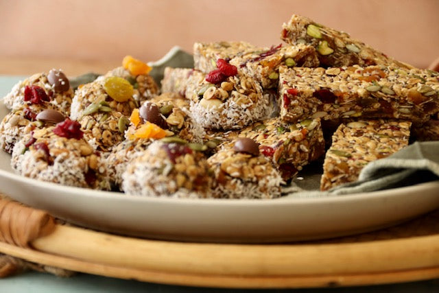 A plate of homemade muesli bars and balls