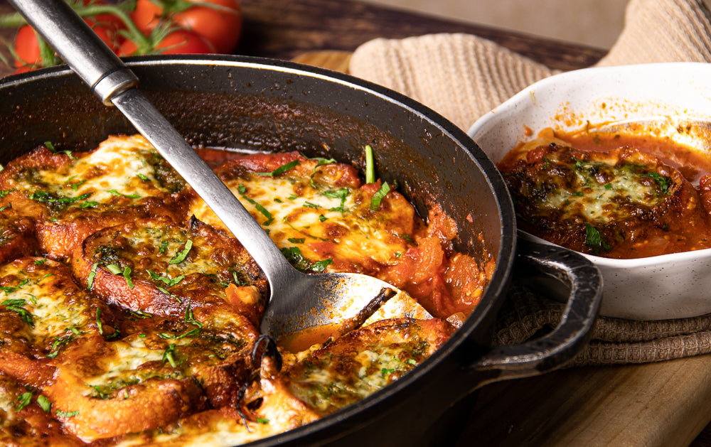 Roast Tomato Soup with Pesto and Mozzarella Croutons