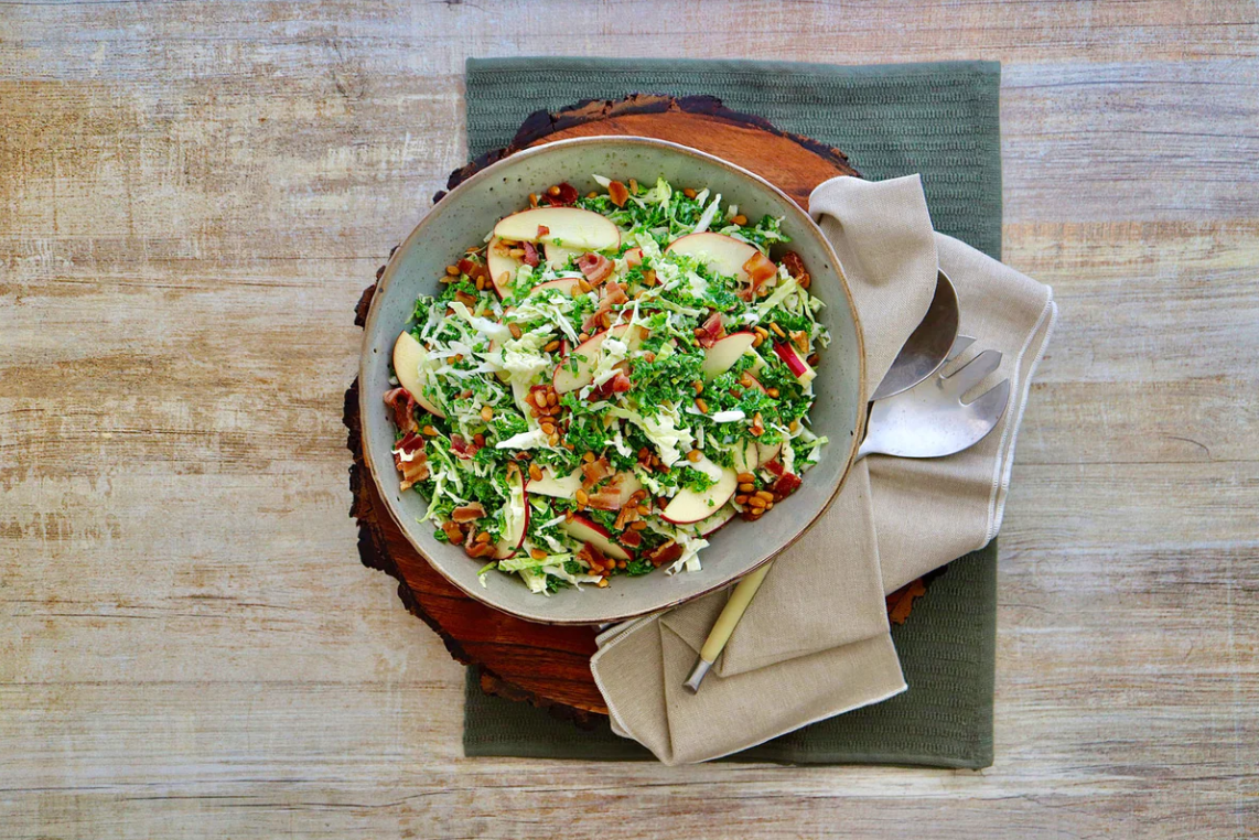 Crispy Bacon, Apple, Cabbage And Kale Slaw With Yoghurt Ranch Dressing
