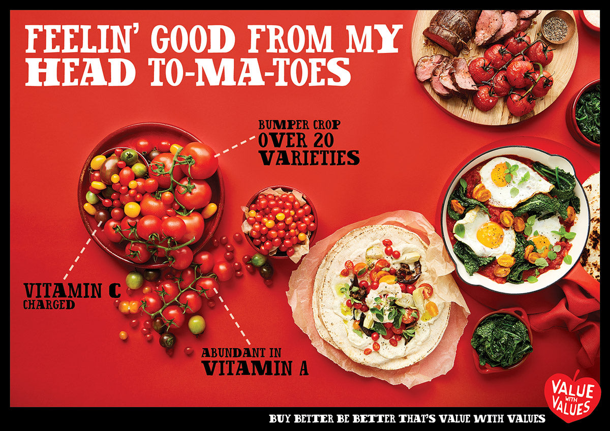 An image of tomatoes and tomato recipes with the headline Feeling Good from My Head To-ma-toes