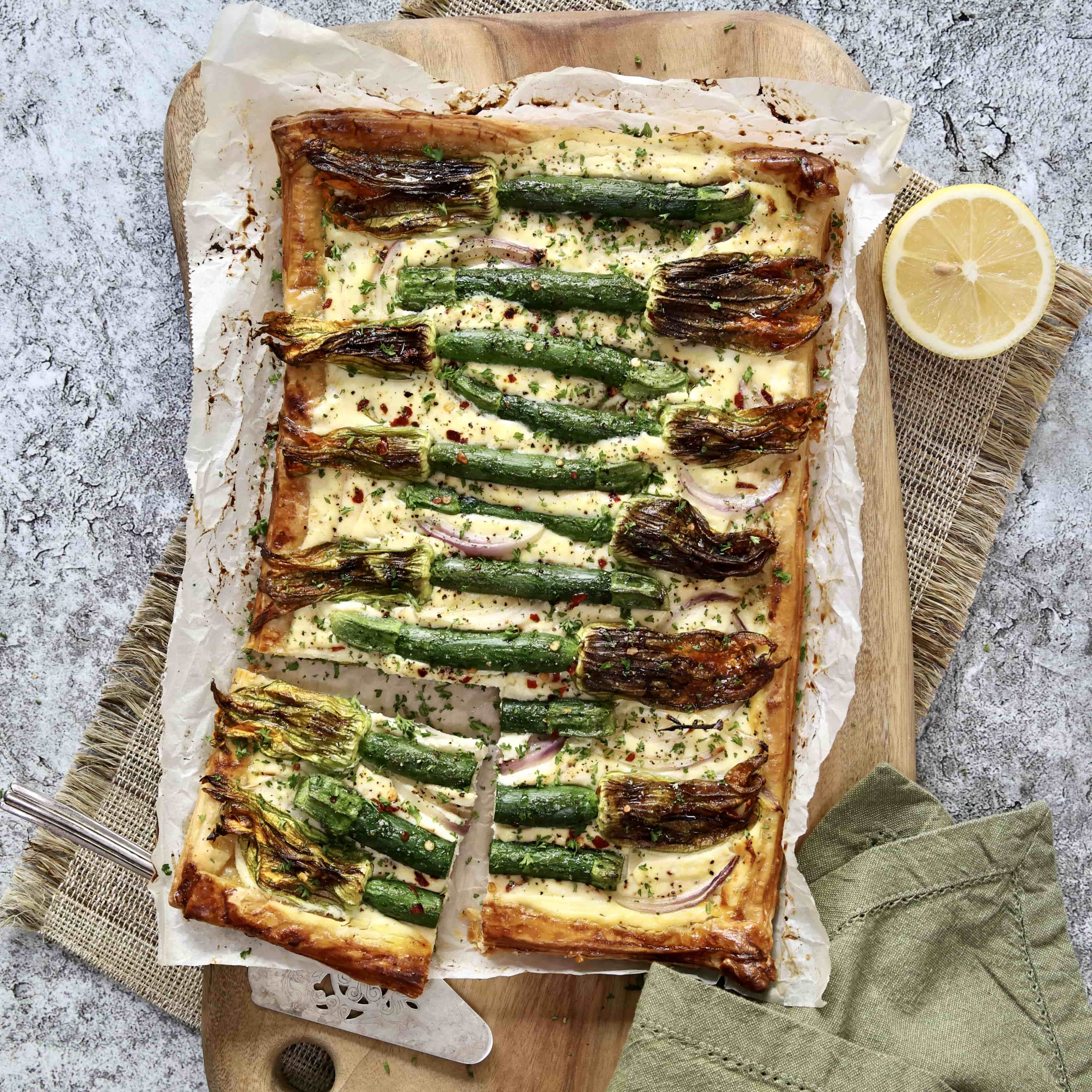 Zucchini flower tart with ricotta