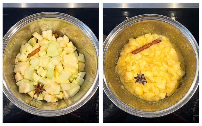 Image shows the apple mixture.  Left side is the raw apple and the right side is the cooked apple mixture