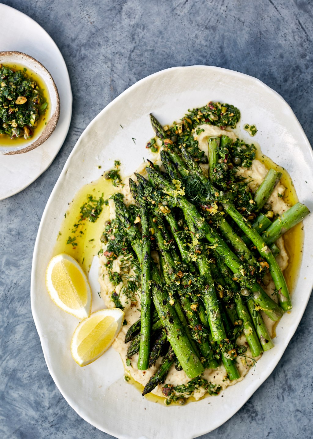 Chargrilled Asparagus with Crushed Butterbeans, Pistachio & Caper Salsa | Harris Farm Markets 