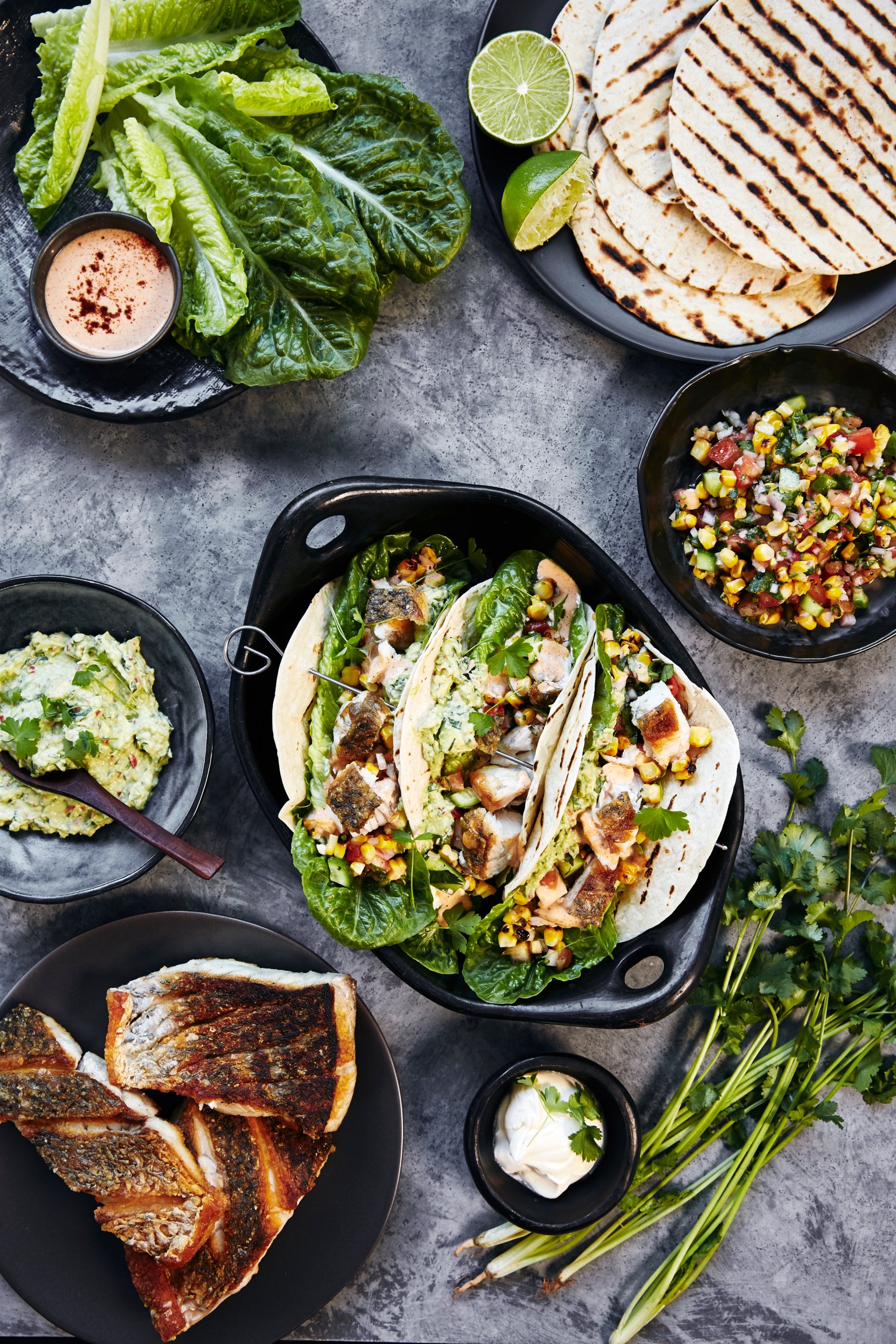 Barramundi Fajitas with Corn Salsa, Guacamole & Chipotle Mayo