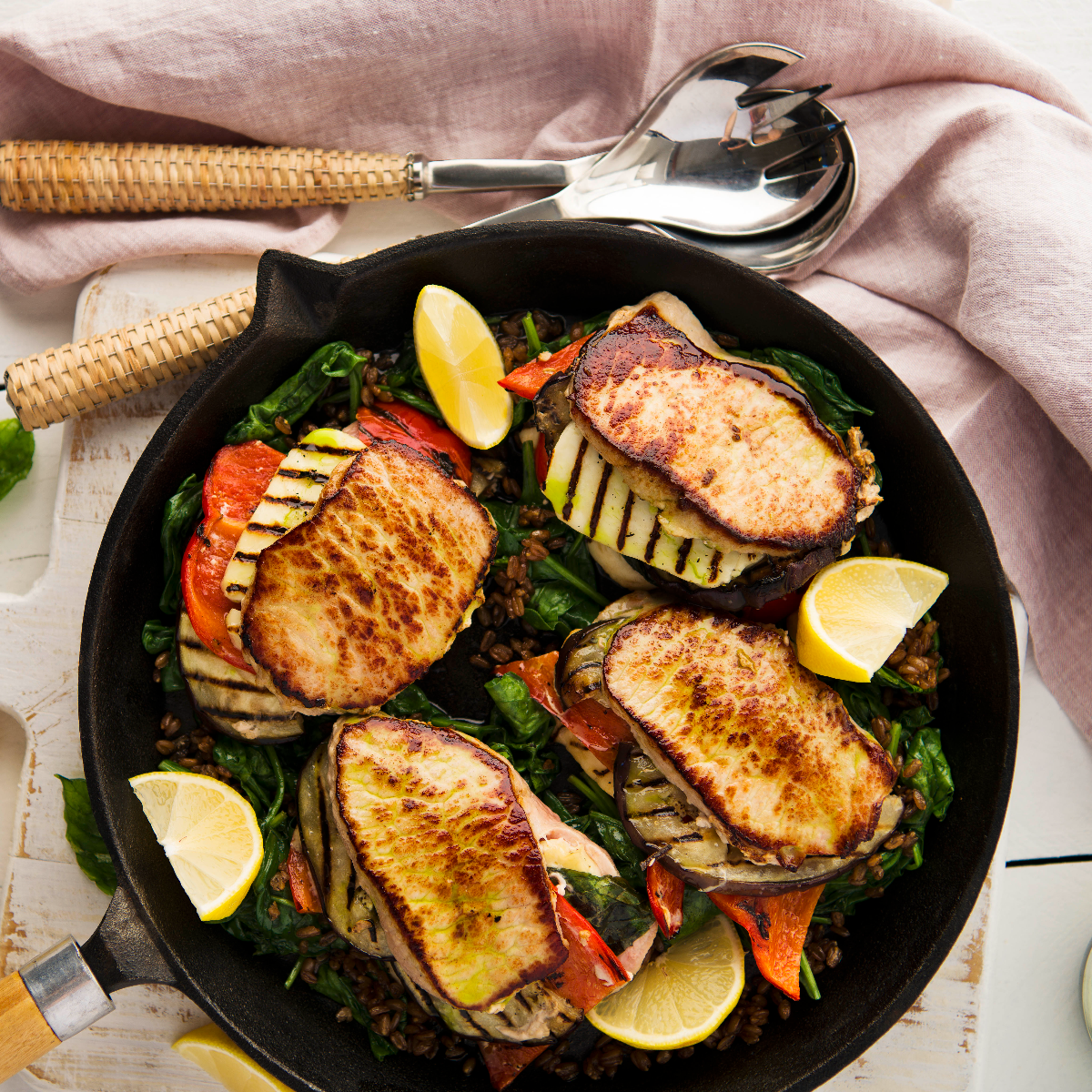 Pork Loin Steaks with Halloumi, Roast Capsicum and Grilled Eggplant with Salsa Verde