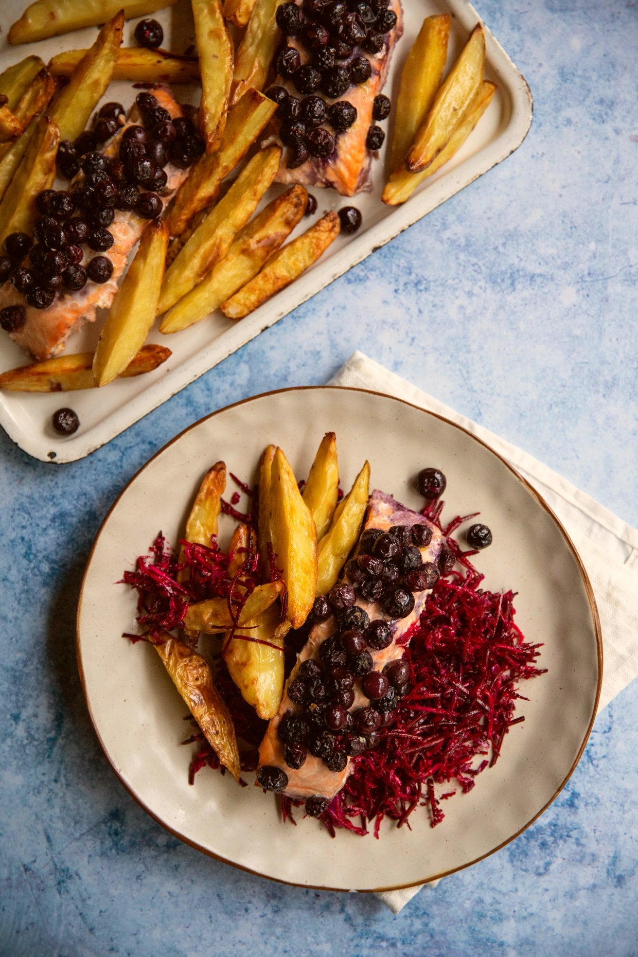 Roasted Salmon with Blueberries, Potatoes, Beetroot and Red Cabbage Slaw | Harris Farm Markets