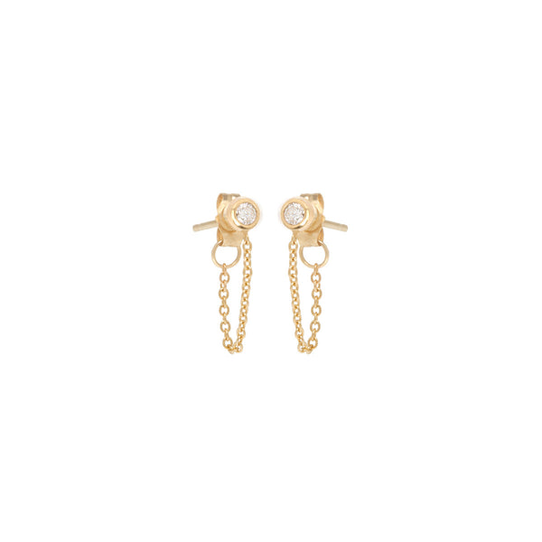 14K Bezel Setting Diamond Studs Chain Earrings 14K Gold