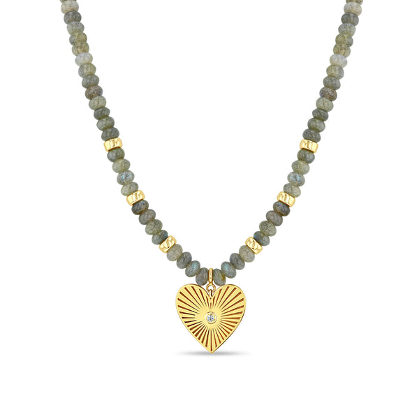 Lot - 14K YELLOW GOLD BEAD NECKLACE WITH CAGED BAROQUE PEARL AND DIAMOND  PENDANT