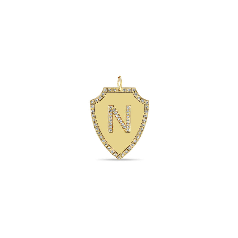 Zoë Chicco 14k Gold Pavé Diamond Initial with Diamond Border Large Shield Charm Pendant with the letter N