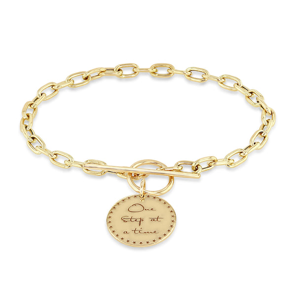 Zoë Chicco 14K Gold Medium Mantra Charm Oval Link Chain Hook Bracelet 14K Yellow Gold / 7 / Be A Force for Good w/Heart Border