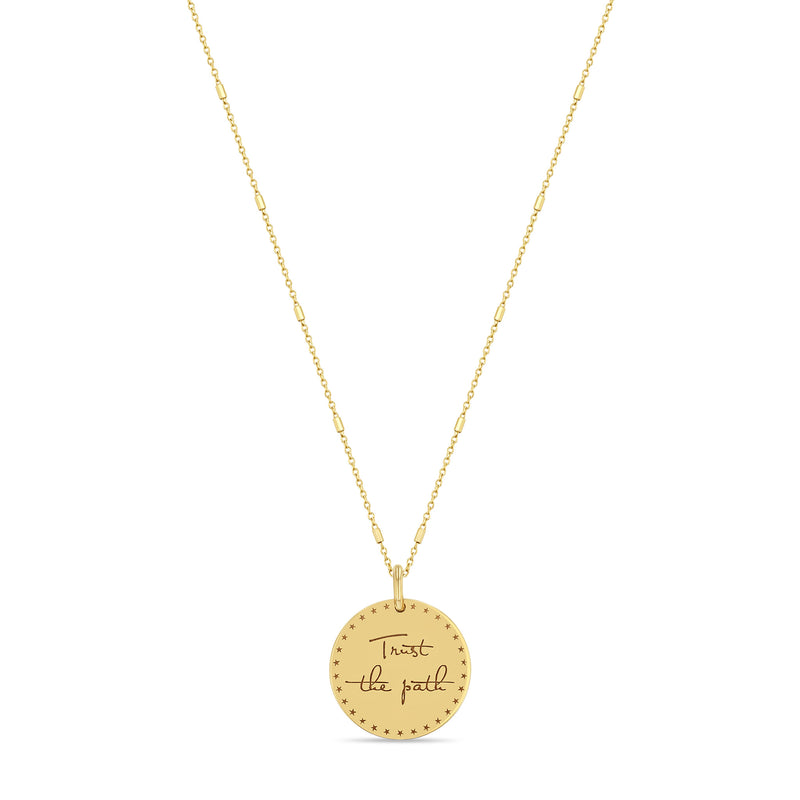 14k Small Mantra Star Border Necklace on Tiny Bar & Cable Chain