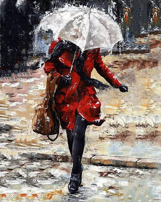 Girl Walking In Rain With Umbrella