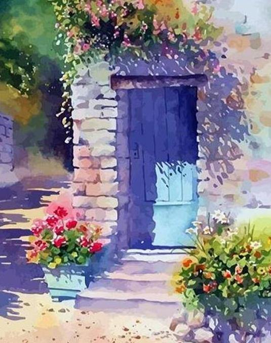 Sunlit Door with Geraniums - Ann Mortimer - Paint by Numbers Home