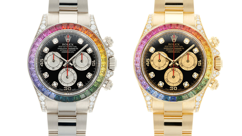 Two Rolex Rainbow Daytona 116599 and 116598 in white and yellow gold