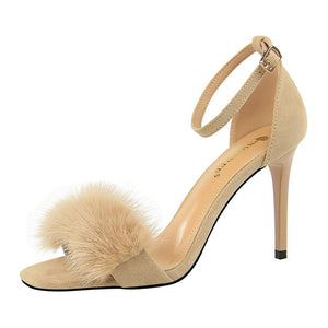 feather ankle strap heels