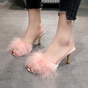 high heel slippers with feathers