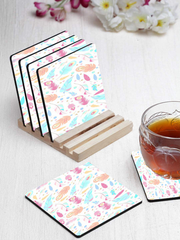 Boho Feather Designer Printed Square Tea Coasters With Stand (MDF Wooden, Set Of 6 Pieces Coaster And 1 Stand)
