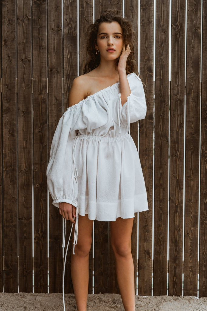 white linen off shoulder dress