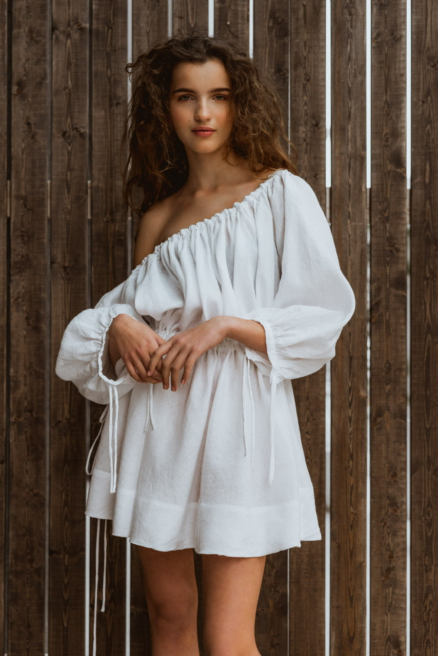 off shoulder white linen dress