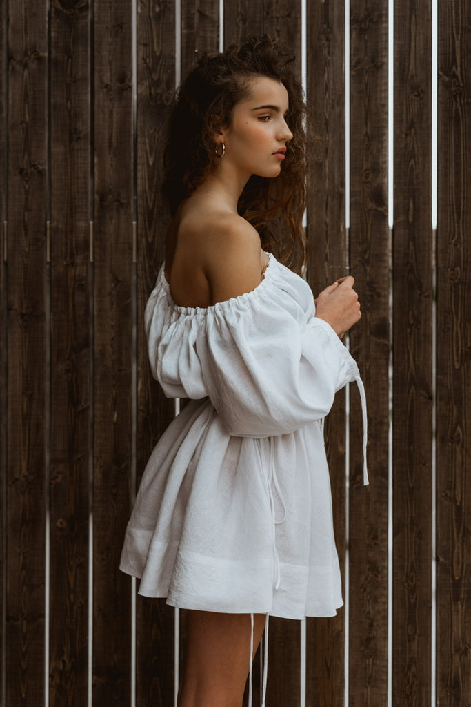 off the shoulder white linen dress